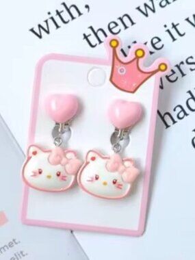 Hello Kitty Pink Resin Clip-On Dangle Earrings – Cute Drop Style for Girls